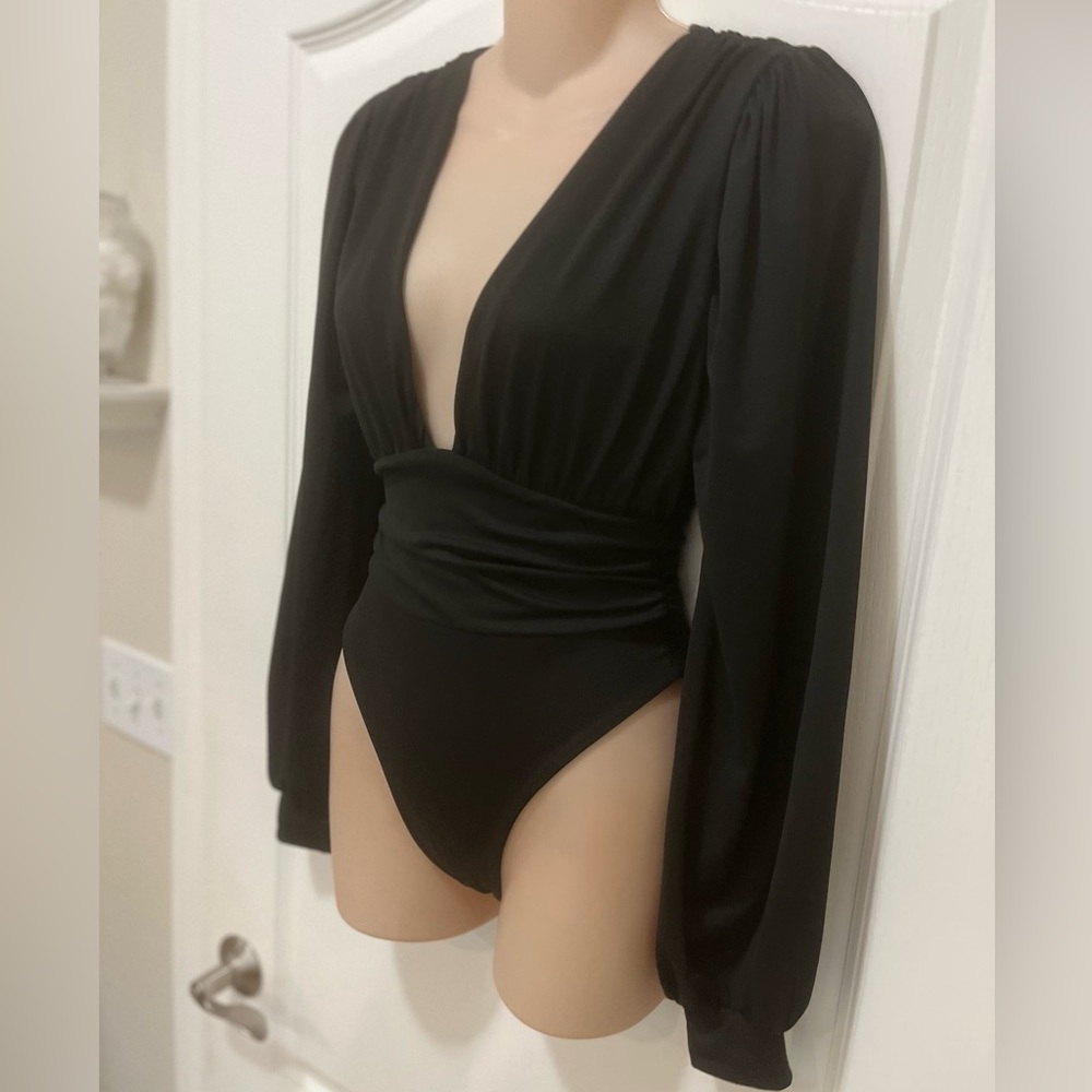 Women's Black Deep V Long Sleeve Bodysuit - Picture 4 of 11